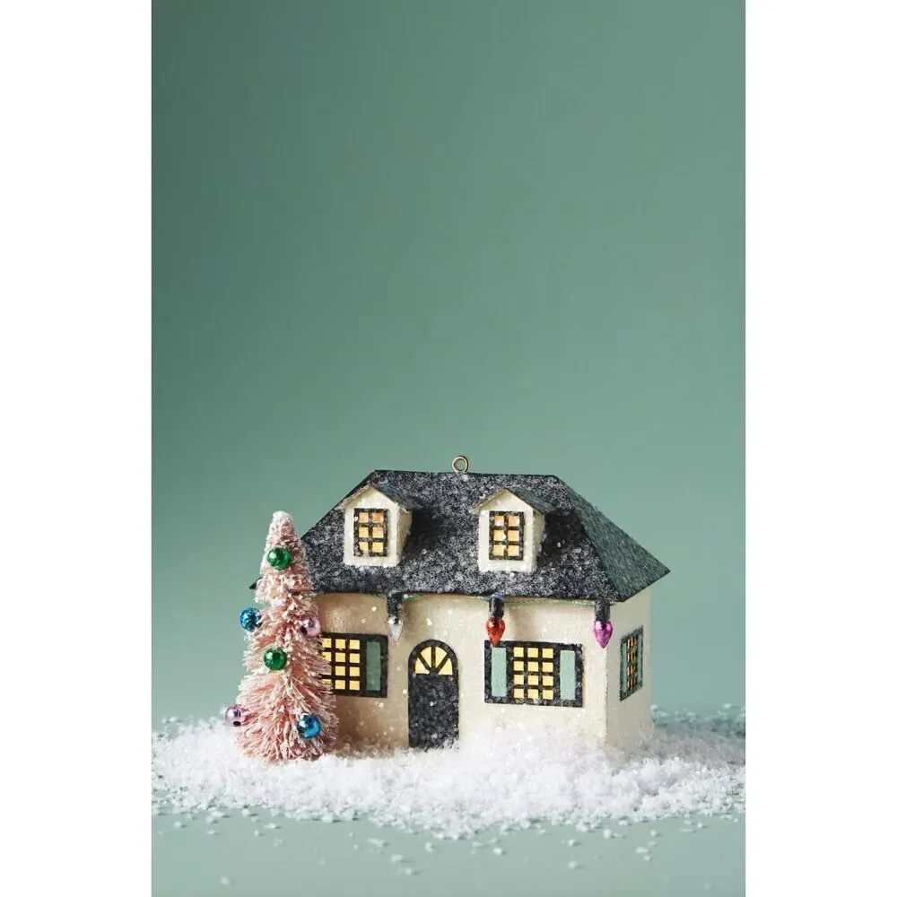 ANTHROPOLOGIE Christmas Cottage Light-Up Ornament Holiday Home Ivory NEW